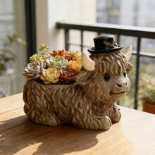 Estátua criativa de vaca usando chapéu (1 peça), em resina, miniatura para vaso de plantas, decoração para jardim e casa. Ideal para presentes de Natal, Ano Novo e outras datas comemorativas. Resistente à água e ao sol. Perfeita para uso interno e externo, em jardins, varandas e como vaso de mesa. - vaso de flores - Ver 5