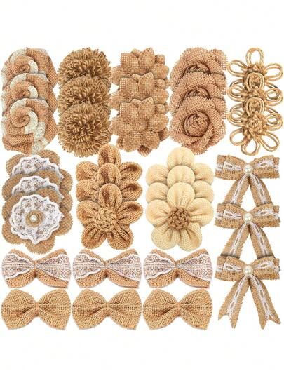 6/10/20pcs Set Random Handmade Linen Flower Decor, 8 Vintage Artificial Flowers & 3 Linen Lace Pearl Bow Styles, Suitable For Wedding, Home Decor, Christmas Party DIY Crafts
