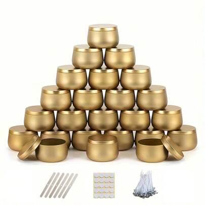 48 piezas/6 sets Latas de metal redondas de 4 onzas con tapas, tarros de vela mate dorados con pegatinas, mechas, soportes de mecha - Contenedores vacíos portátiles para hacer velas DIY y almacenamiento, decoración navideña, suministros para fiestas, tarros de dulces, incluye 6 latas vacías y 42 accesorios