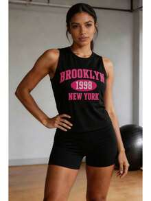 Conjunto deportivo estilo americano para mujer, algodón suave con estampado de letras, corte ajustado sin mangas, primavera verano, ideal para fitness, yoga y casa - Negro - Ver 1