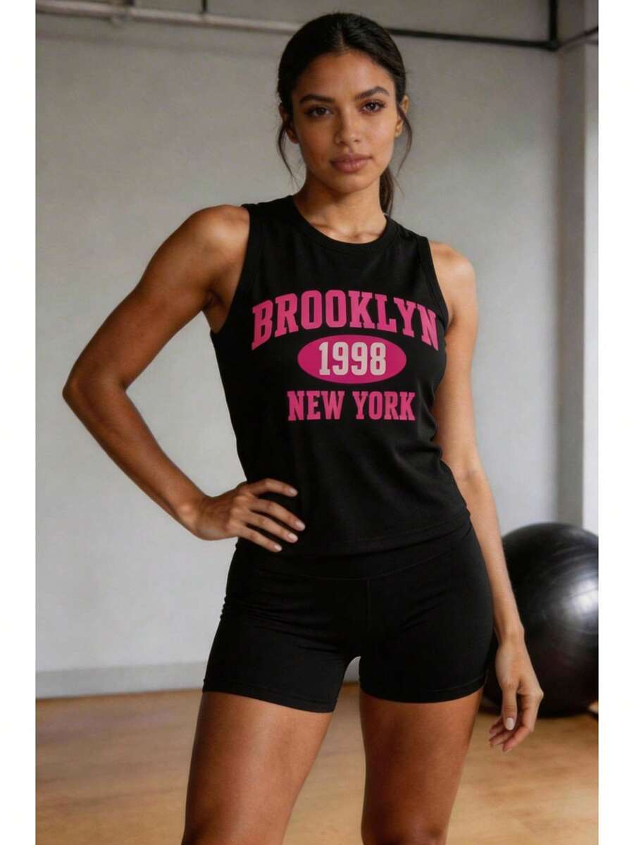 Conjunto deportivo estilo americano para mujer, algodón suave con estampado de letras, corte ajustado sin mangas, primavera verano, ideal para fitness, yoga y casa - Negro - Ver 1
