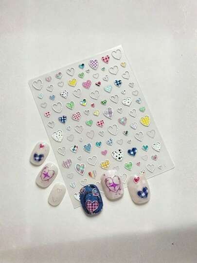 1pc Colorful Plaid Polka Dot Heart 5D Embossed Nail Stickers, Contrast Color Nail Art Decals, Waterproof Self-Adhesive Japanese Style Nail Decorations, DIY Nail Accessories, Affordable Student Supplies