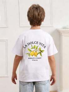 Camiseta con estampado de limones de la de Amalfi "La Dolce Vita" para niño preadolescente, de tela suave y cómoda, adecuada para deportes al aire libre, uso casual, ropa urbana, uso en el campus, una versátil opción de moda para niños preadolescentes en primavera/verano - Blanco - Ver 4
