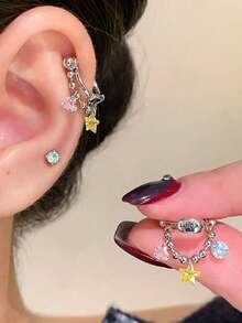 1 pieza Pendiente de cartílago en forma de estrella y corazón de acero inoxidable 316L, joyería de perforación elegante y linda con suerte, adecuada para cartílago de la oreja, hélix, lóbulo - Plateado - Ver 3