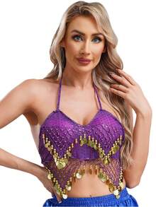 Bộ trang phục múa bụng đính sequin dành cho người lớn, áo voan đính sequin (có mút ngực, không thể tháo rời) và quần dành cho nữ, bộ trang phục công chúa Ả Rập dành cho múa phương Đông cho nữ. - Nhiều màu - Xem 14