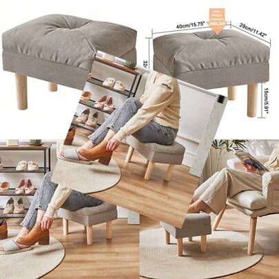 15.75" Small Feet Stool Ottoman Footrest With Sponge Soft Padded Seat Cotton-Linen Blend Fabric Footstool For Sofa Bedroom Living Room Entryway Solid Wood Legs Gray UHBD023G
