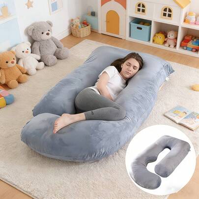 G-Shaped Maternity Pillow - Full Body Support Pillow With Removable Velvet Cover, Soft Nylon & Cotton For Tummy, Knee, Head & Neck Comfort - Grey, Comfortable Sleeping, Ergonomic Sleeping, Plush Comfort Fabric
