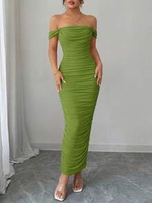 PRETTYGARDEN Women's Summer Dresses Off The Shoulder Dress Ruched Bodycon Sleeveless Evening Elegant Dresses Wedding Guest Graduation Cocktail Club Party Maxi Dresses - 橄欖綠色 - 查看 5