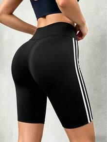 Women High Waist Stretchy Yoga Shorts, Contrast Panel Fitness Leggings, Lift Buttocks Waist Cinching Design, Comfortable & Breathable, Suitable For Yoga, Gym, Indoor Workout And Casual Daily Wear Summer Sports - Black and White - View 3