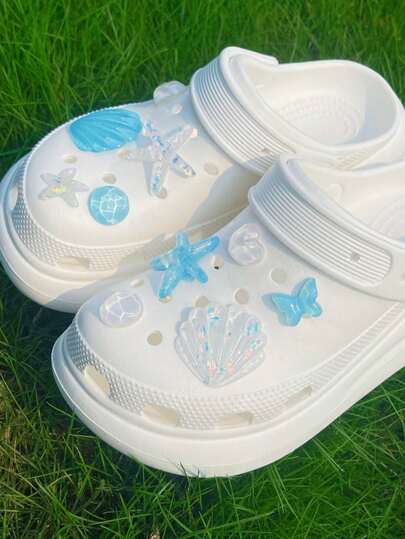 10pcs/Set Blue Starfish Shell Shoe Buckles For Clogs-Cute Cartoon-Style 3D DIY Decorative Accessories With An Oceanic Vacation Theme, Perfect For Pairing With Garden Shoes And Beach Outfits