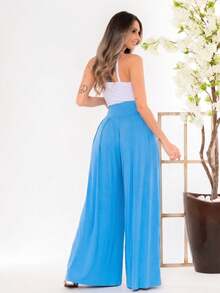 Wide-Leg, Loose-Fitting Palazzo Pants In Viscose/Lycra Knit Fabric With A Wide Waistband And High Waist And Pleats. - Baby Blue - View 9