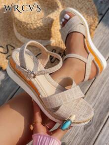 WRCVS Sandal đế xuồng quai dệt màu be, đế dày kiểu dây thừng, sandal thời trang đi nghỉ mát, họa tiết hoa văn Bohemian ngẫu nhiên, giày đế cao cho mùa hè. - Màu be - Xem 5