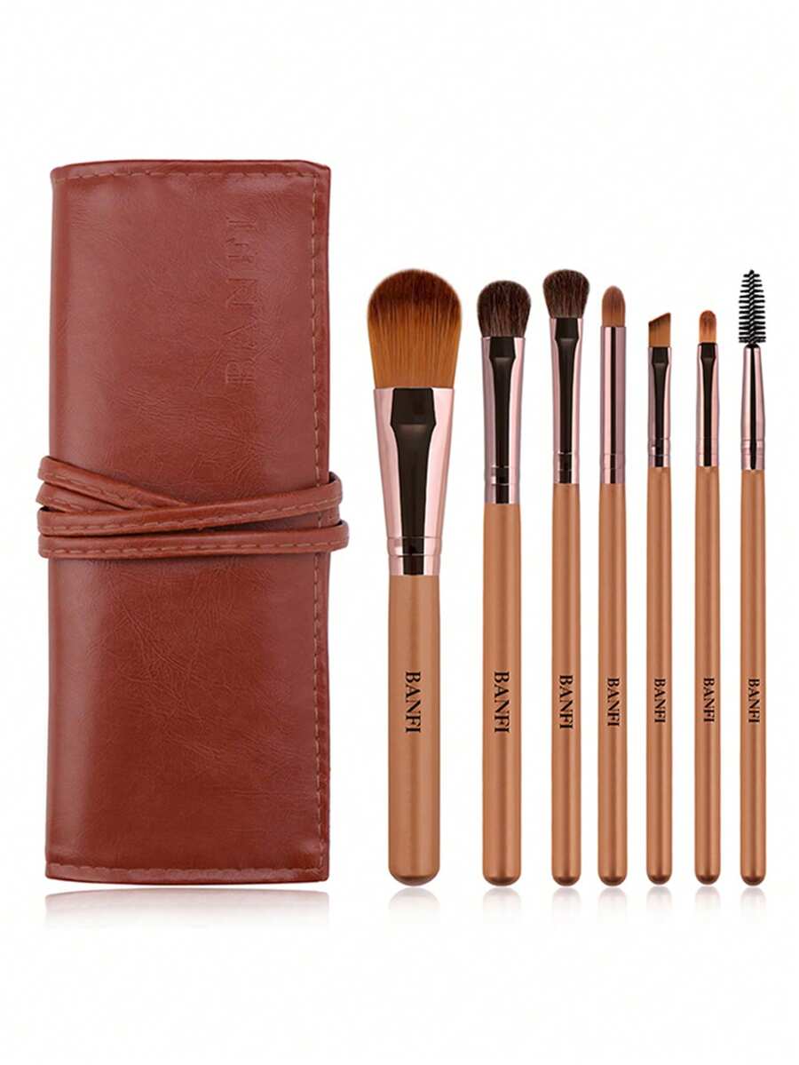 7PCS Makeup Brush Set+1pc Storage Bag - Brown - View 1