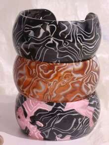 1件欧美时尚条纹开口宽C形树脂手镯，夸张几何花卉图案手镯 - 彩色 - 查看 9