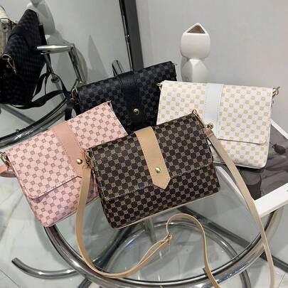 Vintage Print Crossbody Bag For Women – Brown Monogram Shoulder Purse With Beige Strap & Decorative Snap, Casual Daily Bag For Work, Shopping & Date