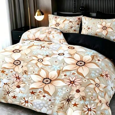 3件套优雅米色波西米亚风花卉印花被套枕套，图案随机（1个被套+2个枕套，不含枕芯），床上用品套装，柔软温暖舒适，适用于卧室、客房、宿舍装饰。玫瑰植物印花，柔软亲肤，奢华床上用品。