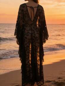 Vestido Kaftan Largo de Encaje Floral para Mujer, Cuello en V y Manga Murciélago, Holgado y Fluido para Playa en Verano - Negro - Ver 7