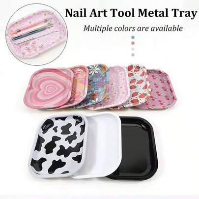 单件装，多种颜色可选，卡通图案高品质方形不锈钢配件托盘，美甲工具、化妆工具收纳托盘，化妆品托盘，足部护理金属托盘，优质不锈钢美甲托盘，饰以亮丽彩虹条纹，哑光/卡通图案金属饰面可选，适用于沙龙和婚礼美甲服务，可消毒工具收纳架