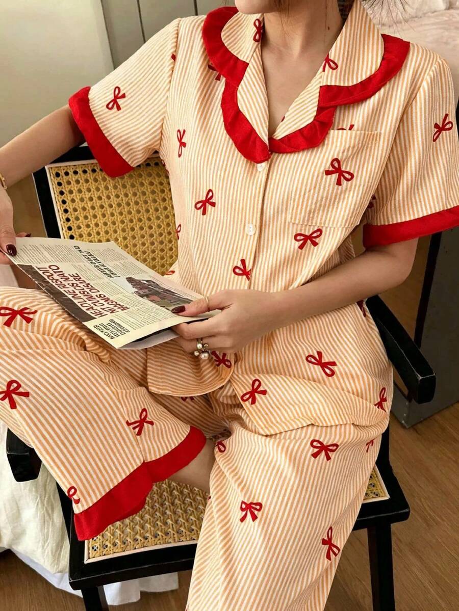 Dreamivo 两件套女士睡衣套装,黄色条纹花卉印花荷叶边短袖长裤睡衣套装,翻领舒适睡衣 - 柔软纽扣上衣和松紧腰长裤,休闲家居服 - 黃色 - 查看 1
