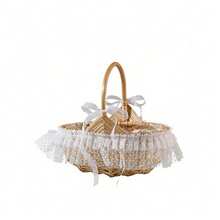 1Pc Handheld Wedding Flower Basket, Imitation Wood Woven Flower Basket, Living Room Storage Basket, Elegantly Decorated With Bow, Mesh, And Ruffles, Wedding Basket, Suitable For Home Decoration, Wedding Setup, And Item Storage, Large Capacity, Lightweight And Portable Storage Basket, Photography Basket, Wedding Bride Flower Basket, Pearl Decorated Wooden Flower Basket, Home Flower Basket Ornament, Suitable For Wedding Ceremony And Table Decoration - 棕色 - 查看 1