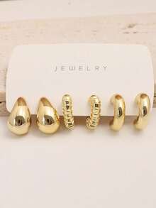 2-16pcs Women's Lava Metal Textured Flowing Minimalist Elegant Earring Set, Suitable For Students, Commuters, Music Festivals, Parties, Beach Vacations - Gold - View 2
