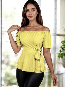 ZTSO Fashionable Off-Shoulder Blouse With Belt - Grey - View 6