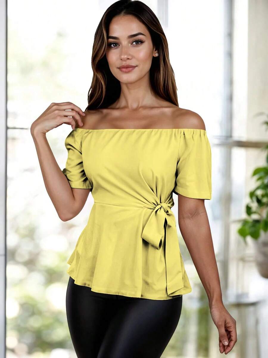ZTSO Fashionable Off-Shoulder Blouse With Belt - Yellow - View 1