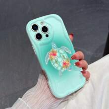 1pc Fashionable TPU Phone Case With Sea Turtle Graphic On Blue Background And White Cream Texture, Thick Anti-Slip Protective Cover Compatible With IPhone, Honor, - Beige - View 4