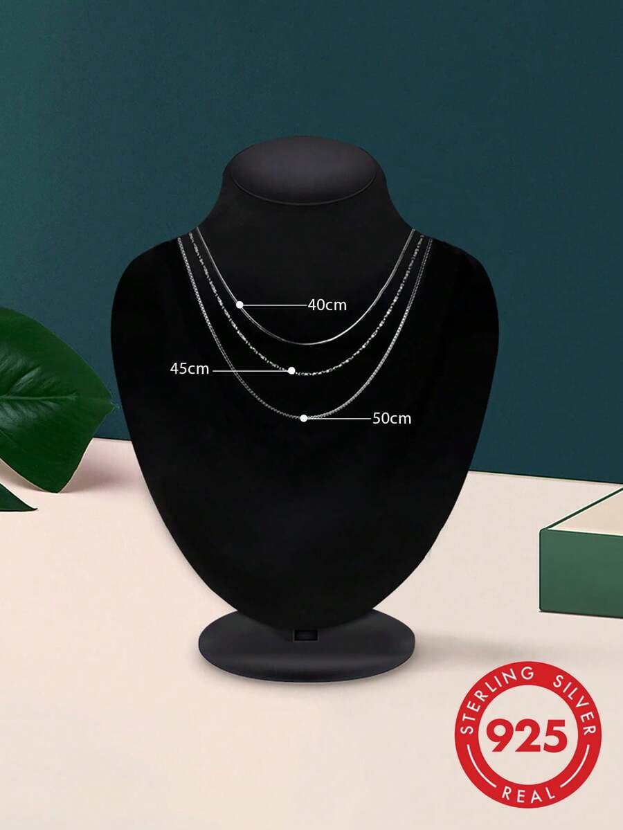 1 pieza Collar de plata de ley 925 con diseño minimalista y multicapa, joyería delicada, adecuado para uso diario, regalo - Plateado - Ver 1
