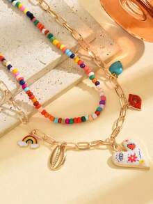 Bộ 2 chiếc vòng cổ mặt dây chuyền phong cách Bohemian, ngẫu nhiên hình ngọc trai, trái tim, cầu vồng, môi, vỏ sò, thích hợp cho các dịp lễ, tiệc tùng và đeo hàng ngày. - Màu hỗn hợp - Xem 4
