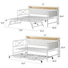Conjunto contemporáneo de cama nido doble con cajón – Cabecero tapizado, luz LED, estación de carga, estructura de metal robusta – Sofá cama ideal para dormitorio, sala de estar, habitación de invitados – Hierro negro con respaldo de lino gris y tablero vintage. - Blanco - Ver 8