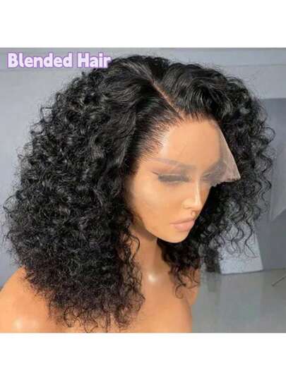 200% 密度 13x4 透明蕾丝前额自然黑色 14 英寸波浪短波波头假发，女士款，无胶自然发际线预修剪婴儿发蕾丝闭合假发