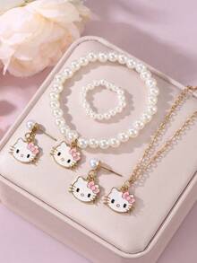 SANRIO 5件套三丽鸥仿珍珠合金项链、耳环、手链、戒指、吊坠首饰套装 - A - 查看 1