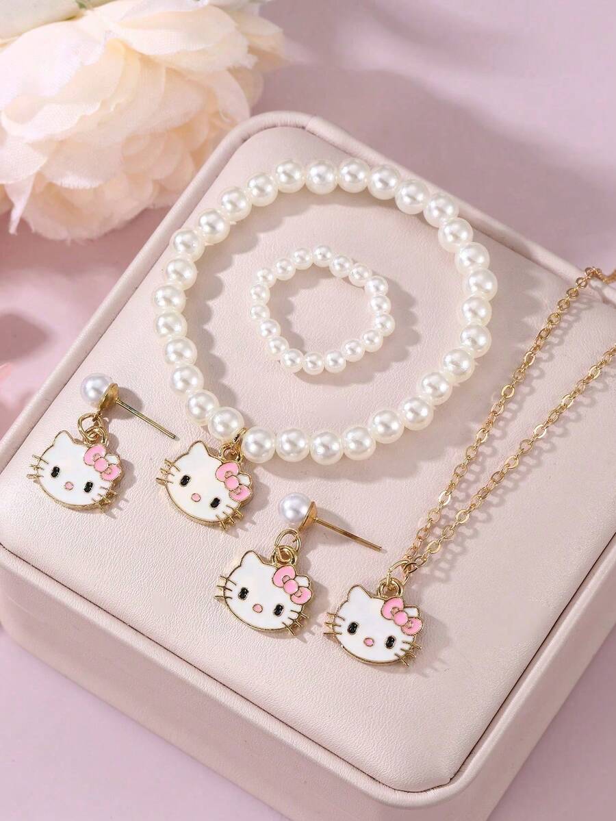SANRIO 5件套三丽鸥仿珍珠合金项链、耳环、手链、戒指、吊坠首饰套装 - A - 查看 1