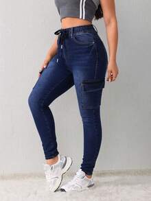 Skinny Cargo Jeans With Drawstring And Multiple Pockets, Elastic Butt-Lifting Effect - Blue - View 4
