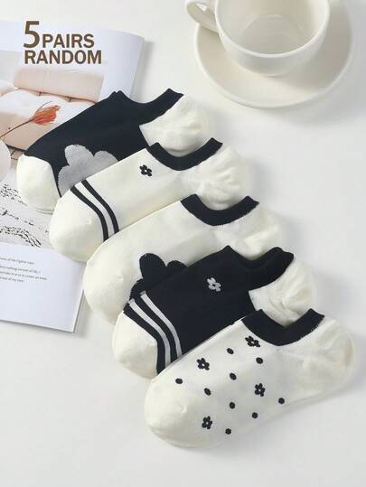 5 pares de calcetines invisibles de mujer con estampado floral lindo, calcetines de tobillo a rayas blanco y negro, calcetines casuales versátiles y transpirables adecuados para primavera, verano, otoño e invierno