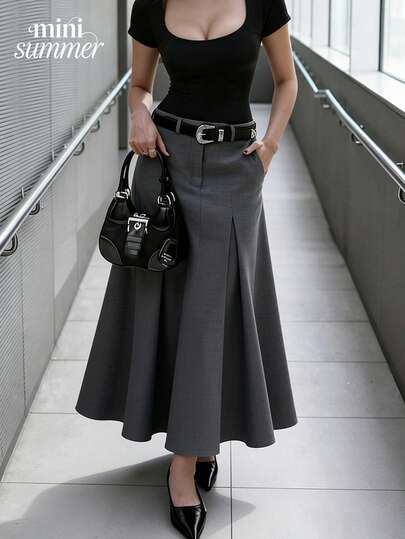 minisummer Women's High-Waisted Pleated A-Line Maxi Skirt, Gray, Suitable For Office, Work, Business Occasions, Spring/Summer, Valentine's Day, Carnival