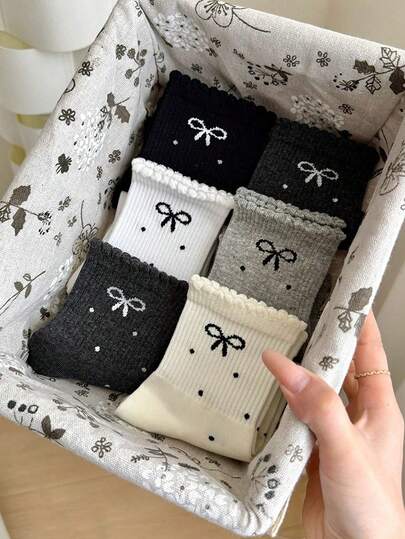 6 Pairs Kids Polka Dot Bow Crew Socks, Suitable For Teenagers, Comfortable & Breathable, Essential For Summer Daily Wear, Suitable For All Seasons