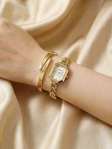 2pcs Set Fashionable Minimalist Bracelet And Watch, Casual Versatile Daily Wear Accessory Set - Gold - View 2