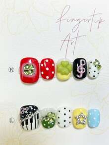 10pcs Y2K Style Dopamine Wearable Nail Art, Handmade 3D Lucky Four-Leaf Clover & Piano Pattern Detachable Nail, Colorful Polka Dot Reusable False Nails (Includes 1 Jelly Sticker + 1 Nail File) Handmade Press On Nails - Multicolor - View 4