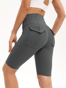 Pantalones de yoga de cintura alta para mujer/con bolsillos, pantalones de yoga que levantan el trasero para ejercicio, con suave elasticidad y transpirabilidad. Pantalones cortos deportivos con ajuste ceñido, adecuados para correr, ciclismo, fitness, deportes al aire libre, entrenamiento. Pantalones cortos gruesos con un estilo de moda, adecuados para primavera y verano - Gris Oscuro - Ver 2