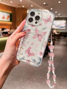 Butterfly Painted Transparent Detachable Wrist Strap Card Holder Multifunctional Card Case With Detachable Butterfly Faux Pearl Pendant Accessory Thick Anti-Drop Phone Protective Case - Pink - View 3