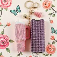 2 Pieces/Set Of Defense Keychains,Bling Self Defense Keychain, Sparkling Rhinestones Mini Tumbler Keychain Lip Balm Holder Key Ring, Stylish & Functional Accessories - Multicolor - View 26