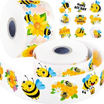500 Sheets/1 Rolls Cartoon Bee Shaped Stickers Decorative Gift Box Sticker Sticker Label Label Sealing Sticker Reward Sticker Gift Wrapping Sticker Party Small Gift