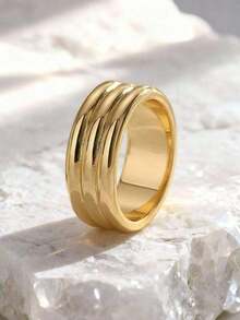 Minimalist Light Luxury Plated Gold Thick Threaded Metal Ring Unisex Never Fade Everyday Wear Fashion Jewelry Gift JIPL - 黃金型號 6 - 查看 9