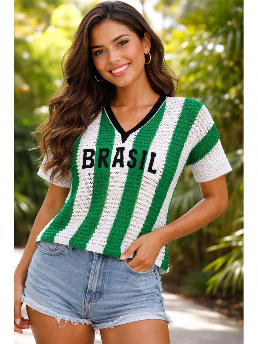 Brazil Jersey, Tricot, V-Neck, Premium Openwork Knit, Modern Look To Cheer On The 2026 World Cup In Style - 綠色帶白色 - 查看 1