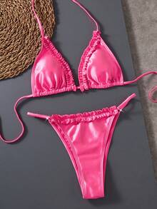 Bộ bikini nữ, bikini tam giác lấp lánh, bikini họa tiết lá cọ màu hồng, trang phục đi nghỉ mát phong cách Y2K, đồ bơi mùa hè. - Hồng đậm - Xem 7