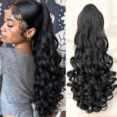 22 Inch Wavy Ponytail Hair Clip, Integrated Wavy Curly Style, Suitable For Daily Use By Women, Black