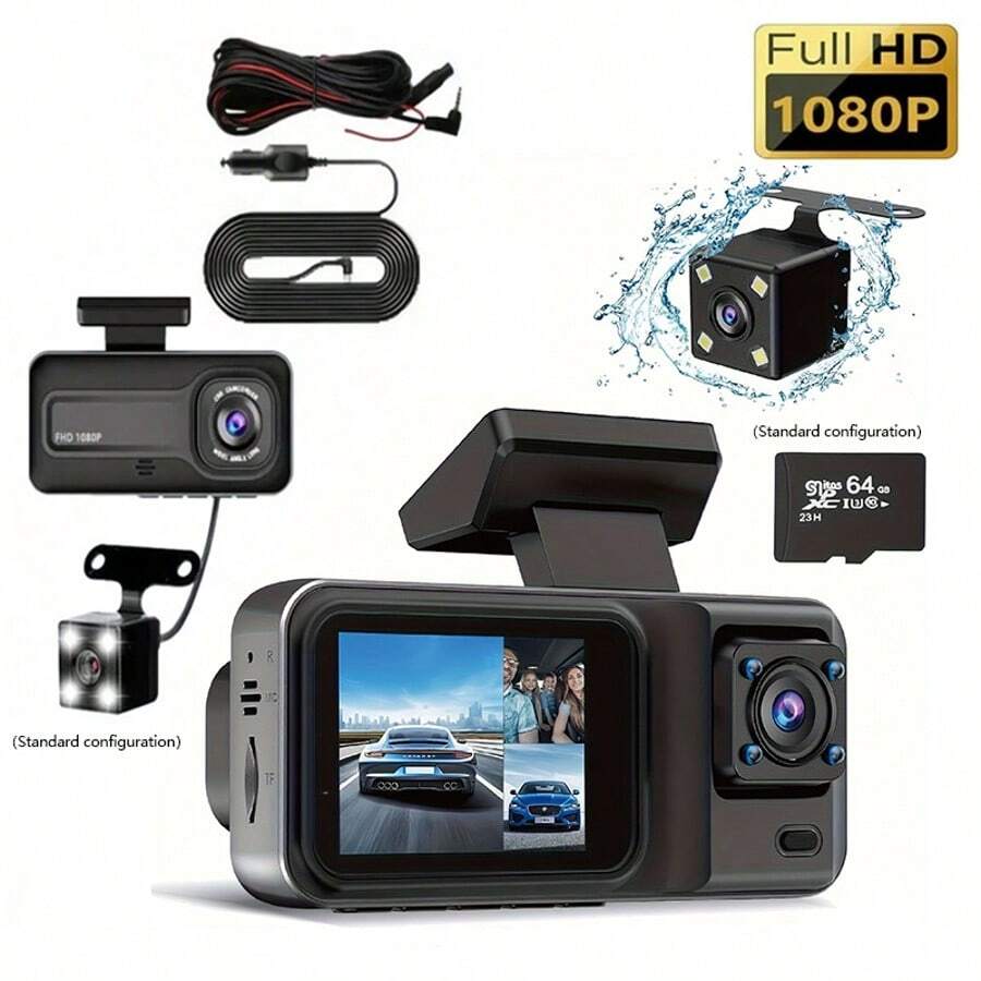 Dash Cam Front And Rear, 1080P Dash Camera For Cars, 3 Channel Car Camera Front Rear And Inside With 32GB Card, Loop Recording, Night Vision, HDR, 24Hr Parking - A98 - Xem 1