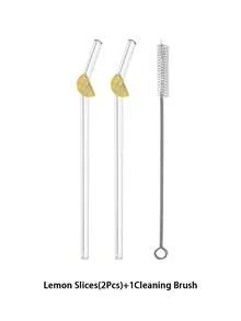 1/2/4 pièces Pailles en verre réutilisables transparentes incurvées avec tranches de citron jaune de dessin animé, brosse de nettoyage et embout de paille pour thé au lait, soda, eau pétillante, smoothies, maison, café, fête d'été, Pâques, fête des pères, cadeau pour amis et amoureux - Style 3 - Voir 10